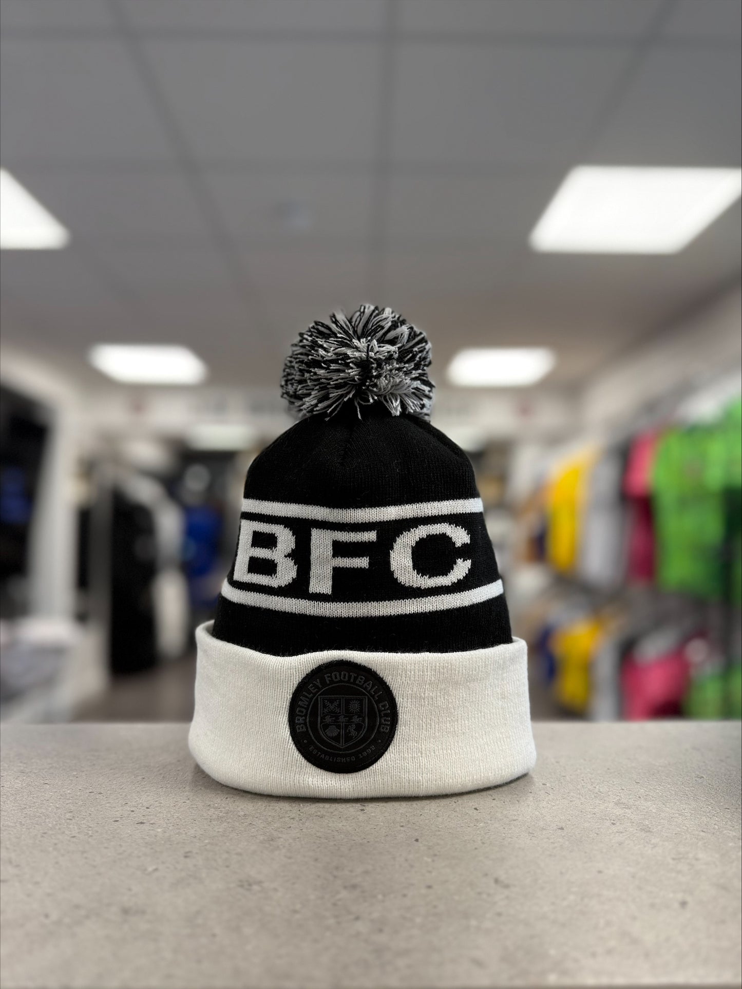 Black and white BFC bobble hats